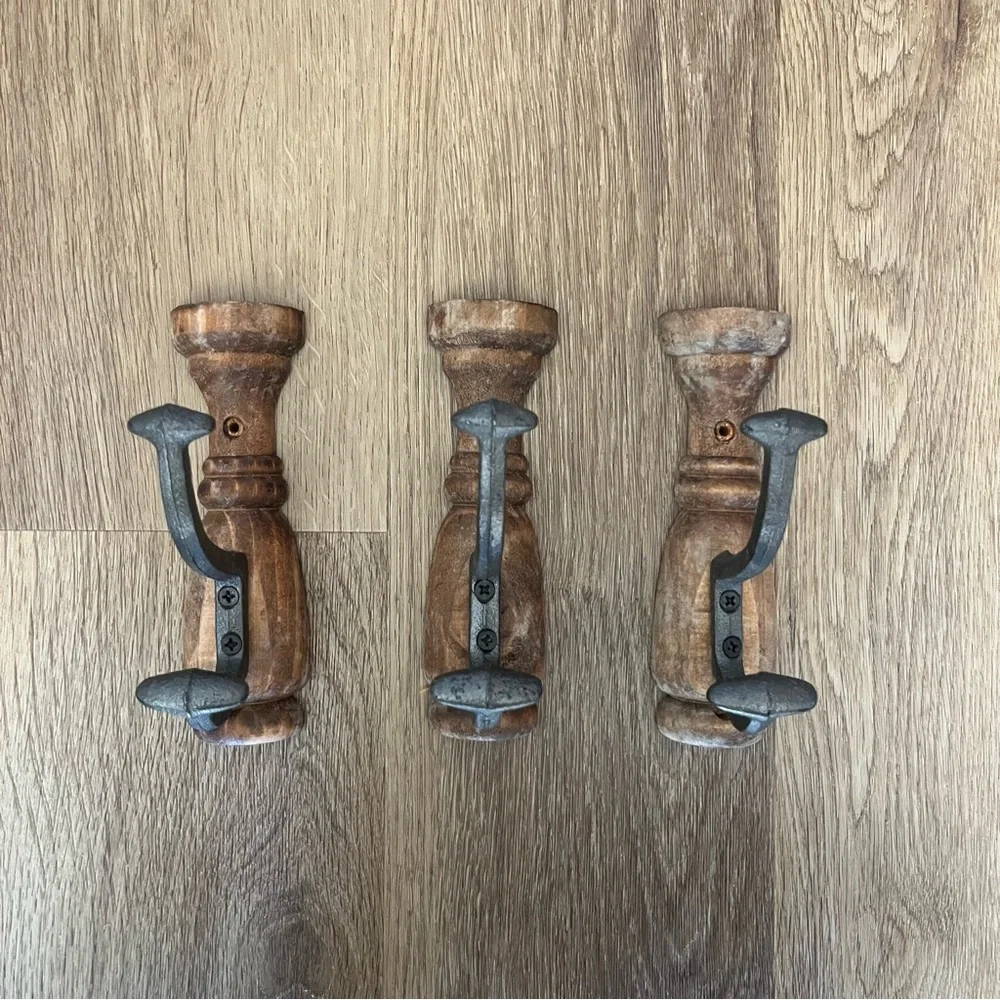 Iron and Wood Rustic Brown Wall Hooks Set of 3 6 Inches Tall